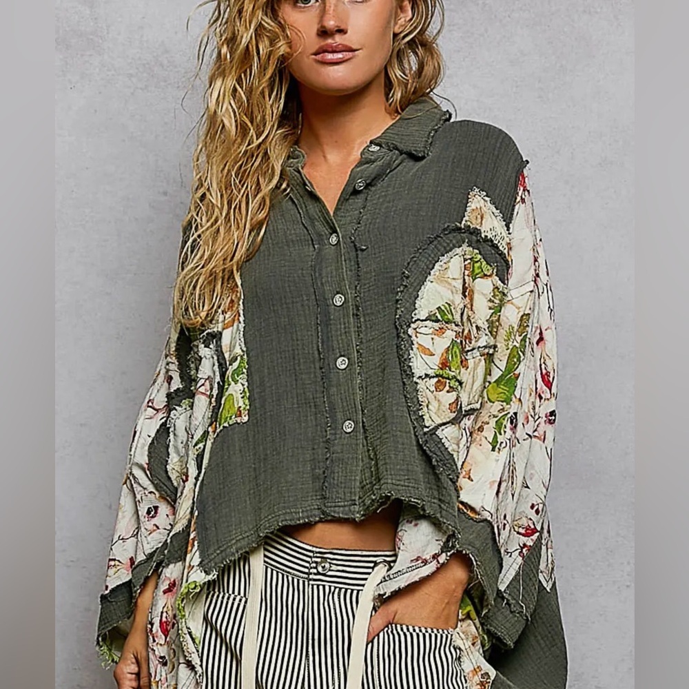 NEW POL: “The Ollie”Olive Green Button-Front Floral 3/4 Sleeve Top - Picture 2 of 4